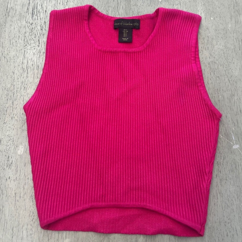 House of Harlow 1960 Pink Ribbed Knit Crop Top Sleeveless High Low Hem Small
